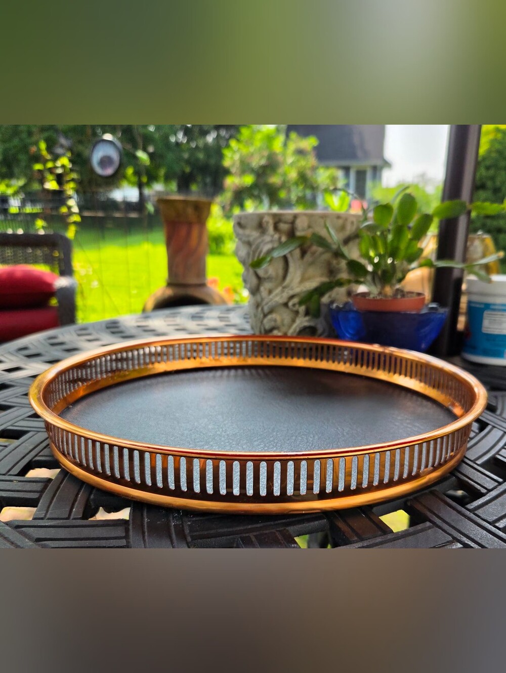 Vtg Coppercraft Guild 13” Copper Edge Round Bar Serving Tray MCM Faux Leather